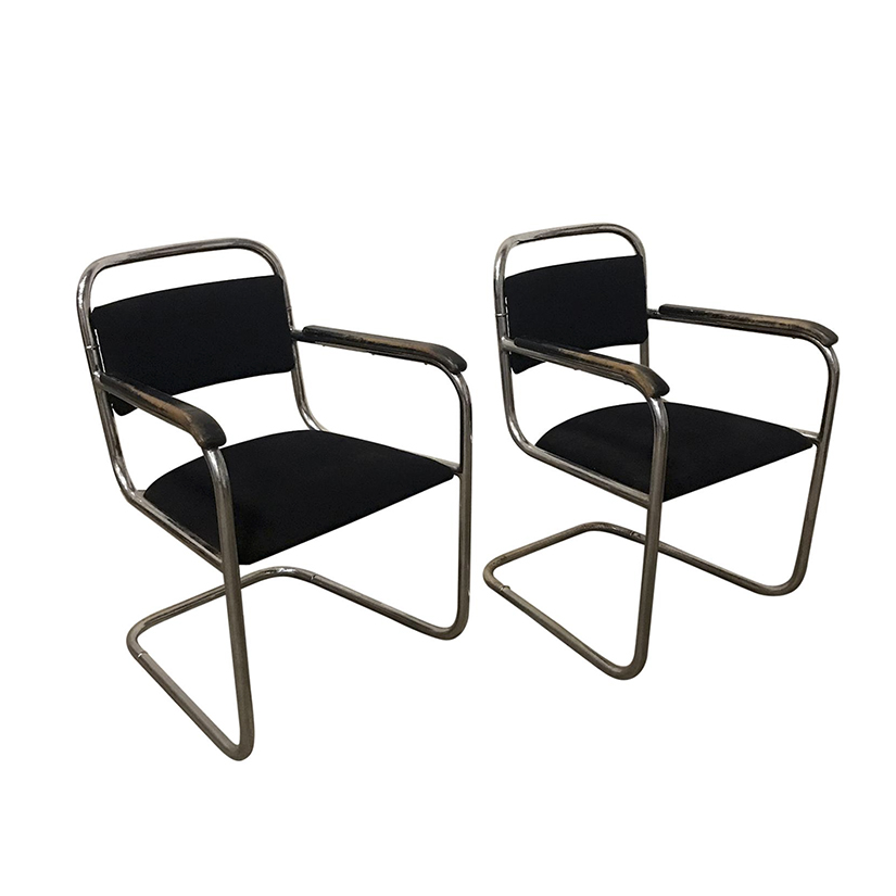 Set of Original Tubular Chairs with Black Upholstery