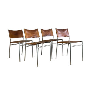 1960, Martin Visser, Set of four Dining Chair SE 06 with brown saddle leather upholstery
