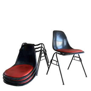 Set of Four Dark Blue Eames for Herman Miller Shells with Red Cushion and black Stackable Base