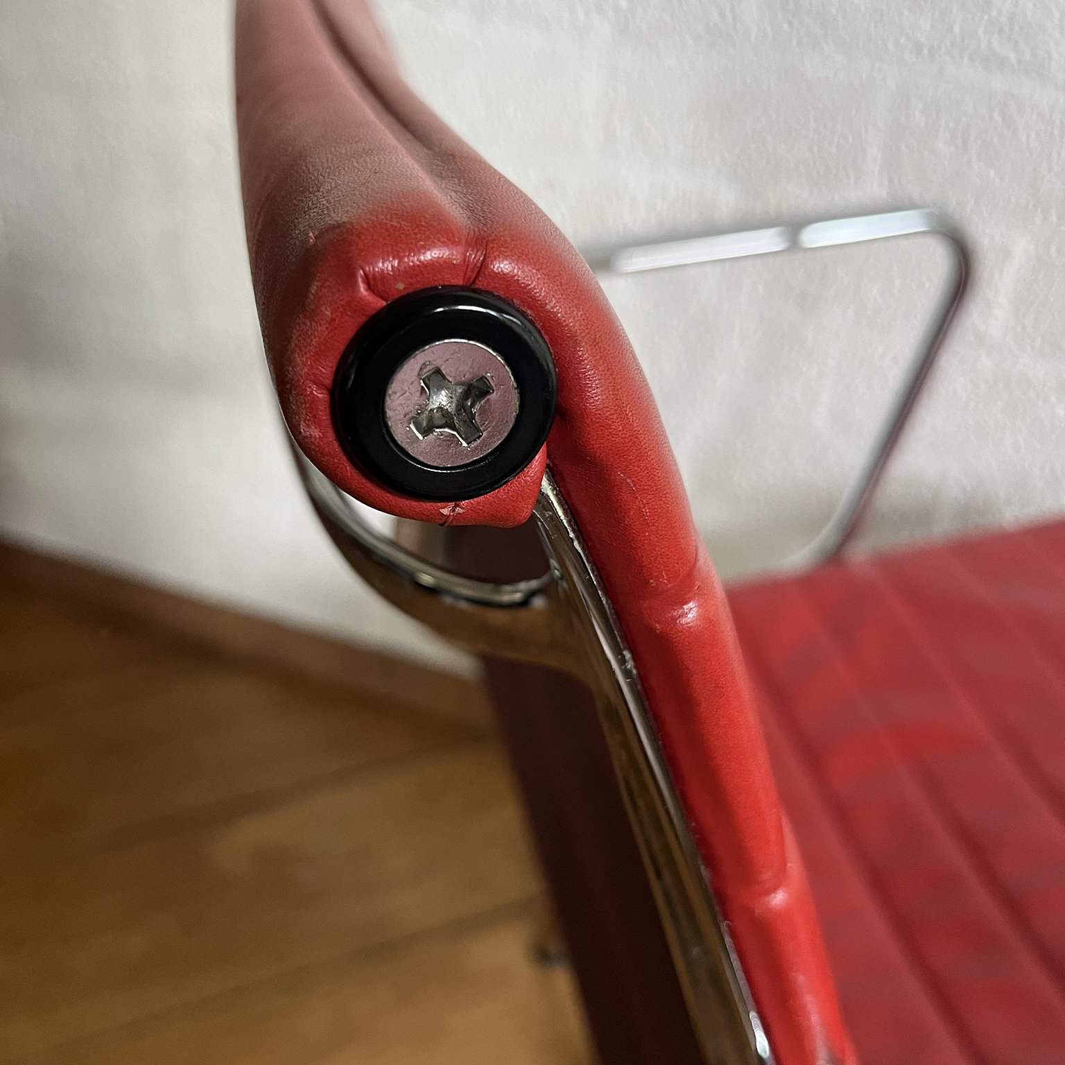 Set of Four Eames Chrome EA 108 in Red Leather, Vitra - Image 11