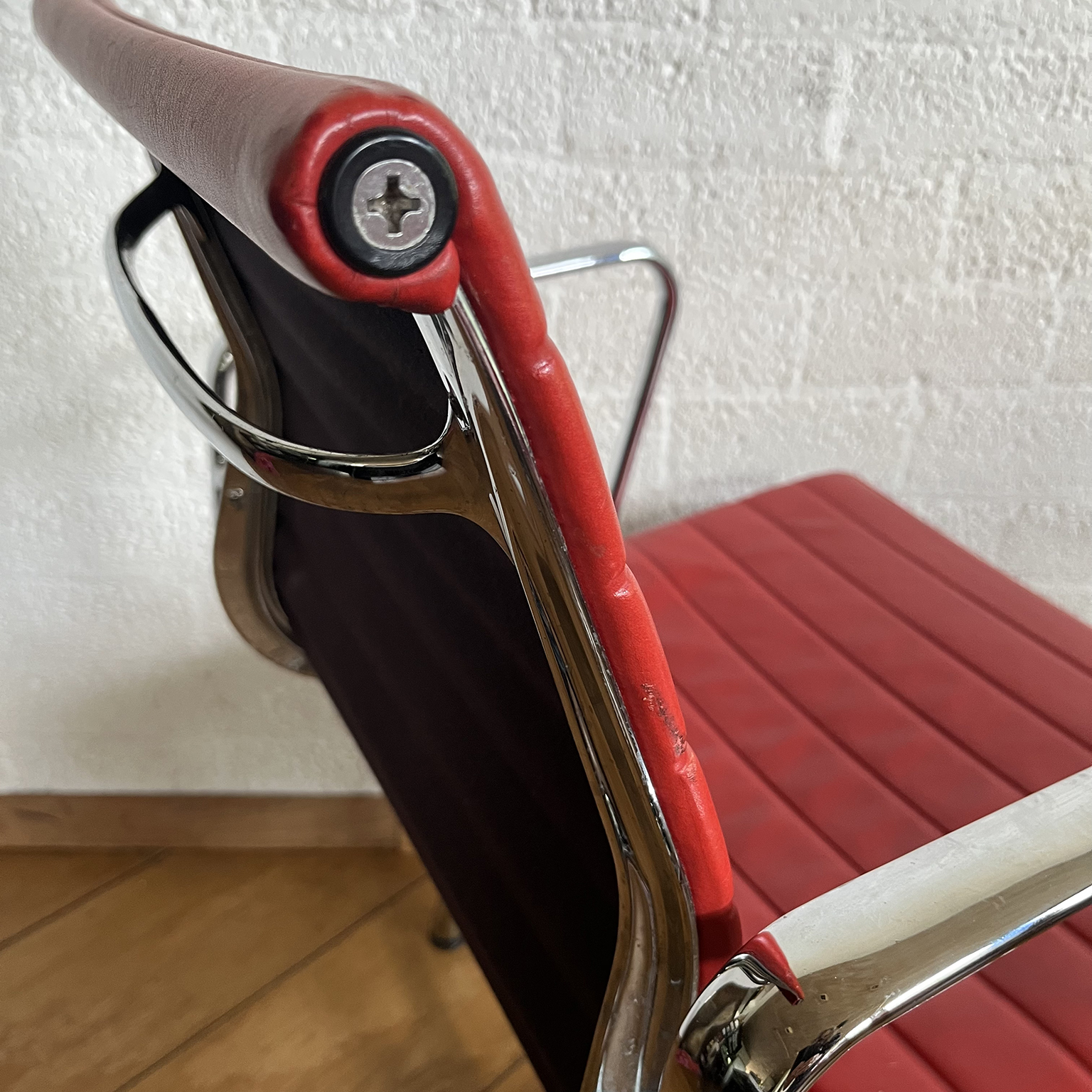 Set of Four Eames Chrome EA 108 in Red Leather, Vitra - Image 24