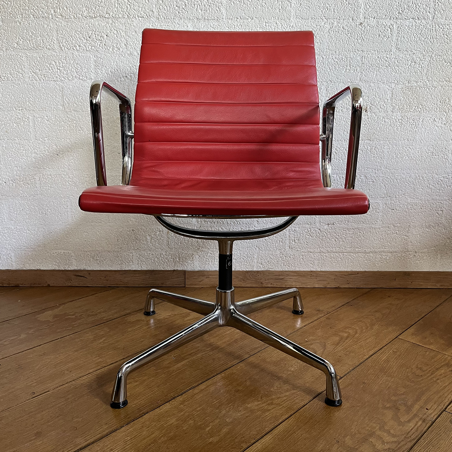 Set of Four Eames Chrome EA 108 in Red Leather, Vitra - Image 5