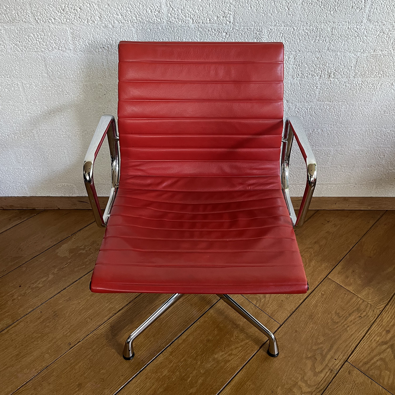 Set of Four Eames Chrome EA 108 in Red Leather, Vitra - Image 6