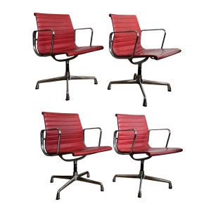 Set of Four Eames Chrome EA 108 in Red Leather, Vitra