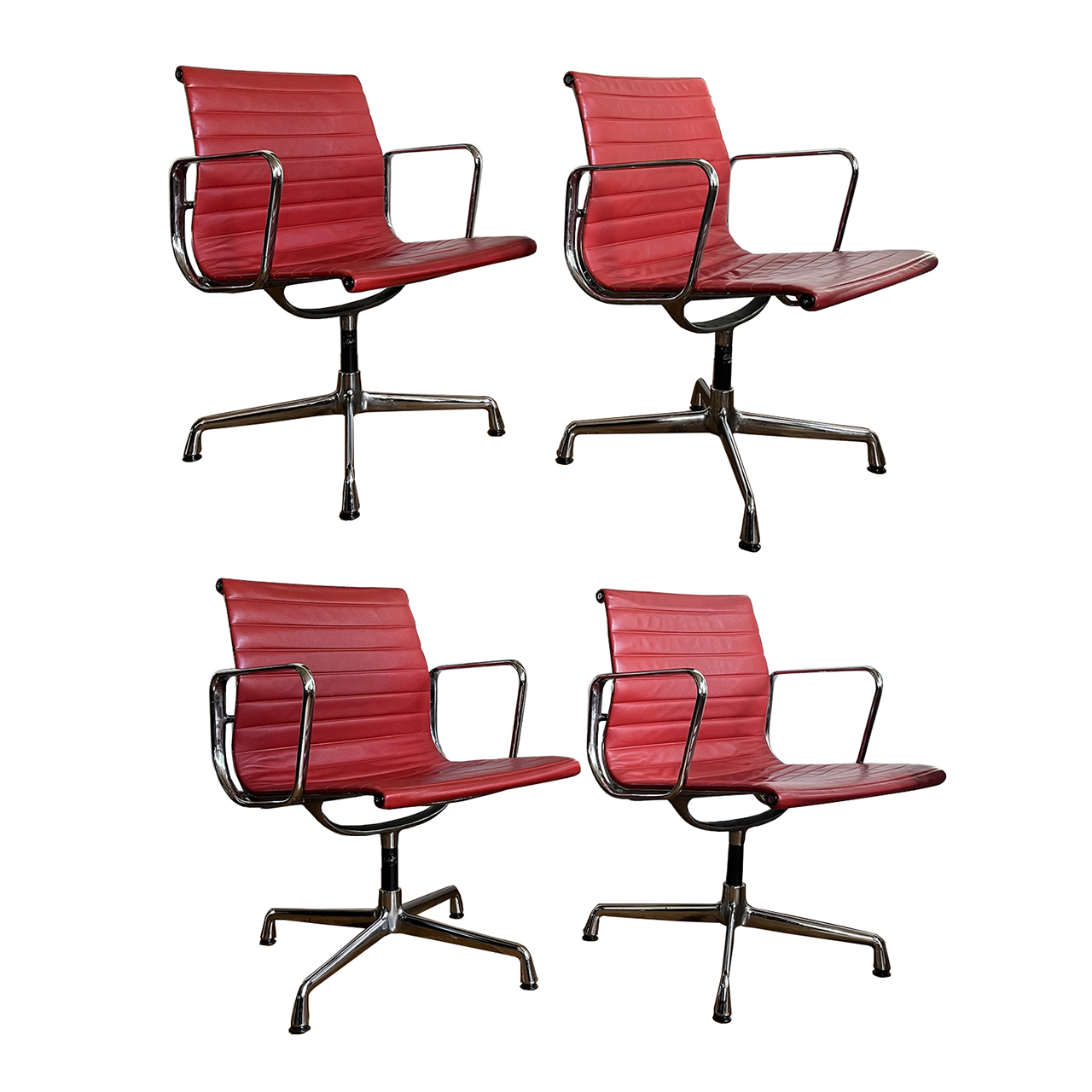 Set of Four Eames Chrome EA 108 in Red Leather, Vitra